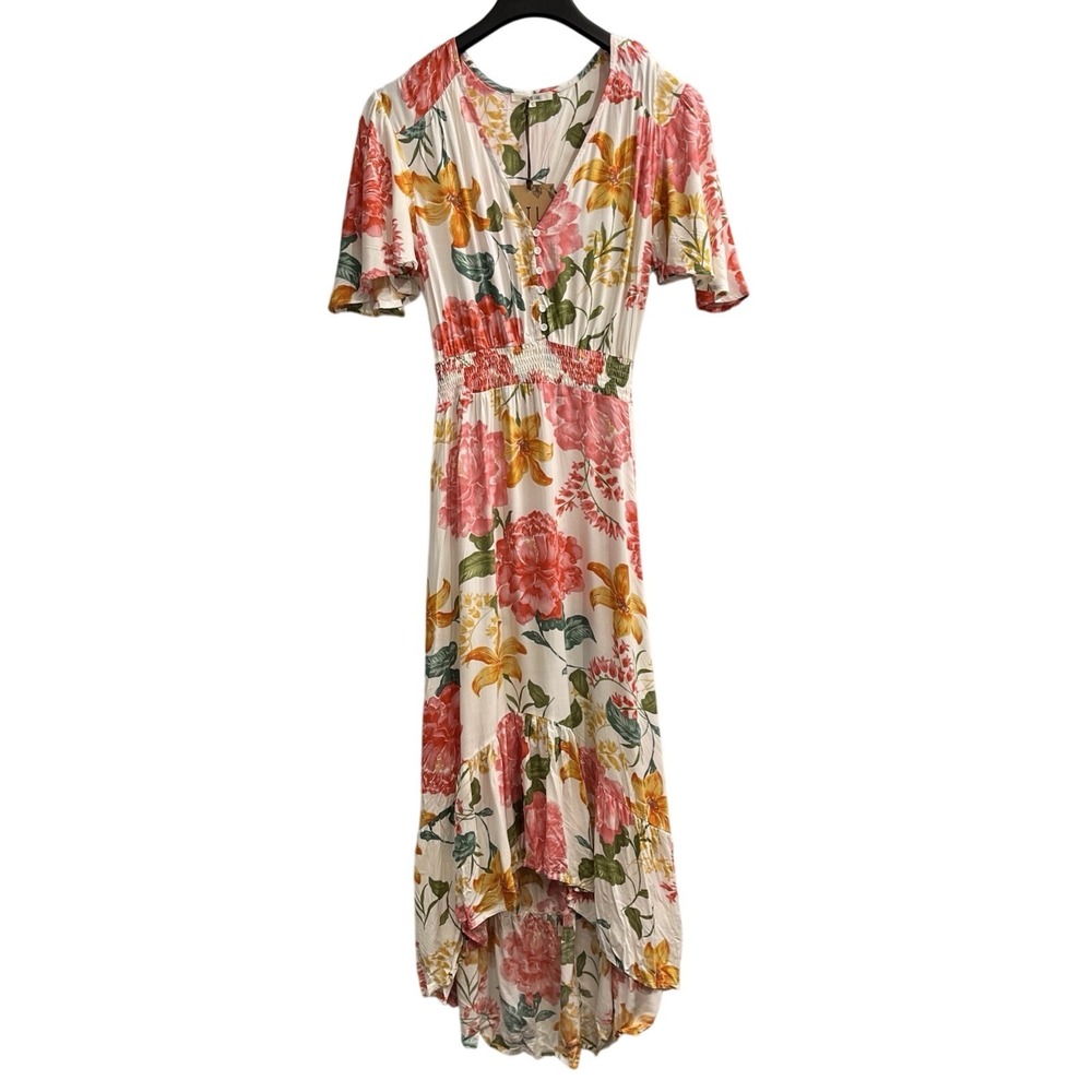 Abel The Label Dress Womens S Floral Smocked‎ Waist Asymmetrical Maxi Tropical